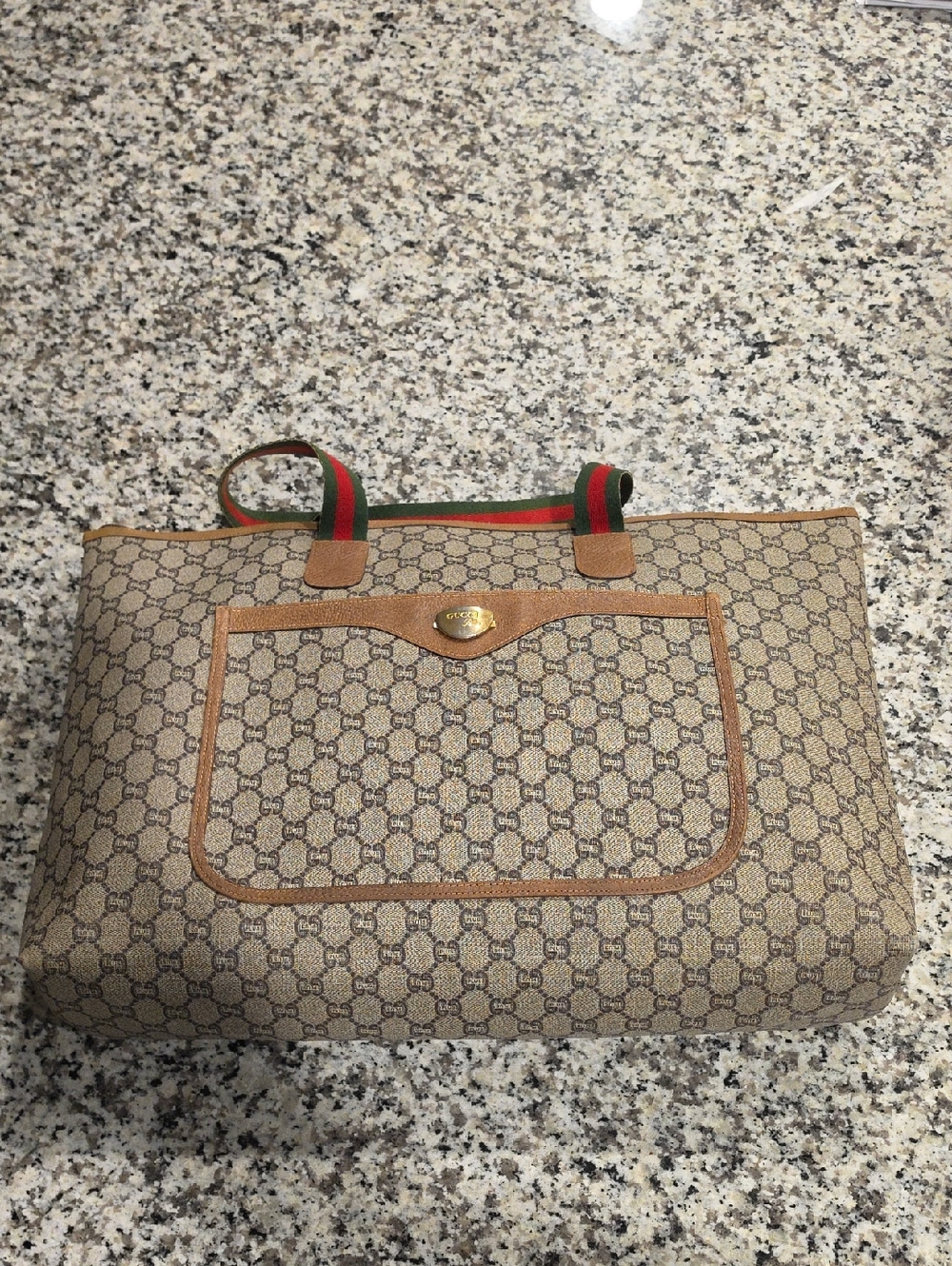 Vintage Gucci Beige GG Canvas Tote with Green-Red Webbing Handles